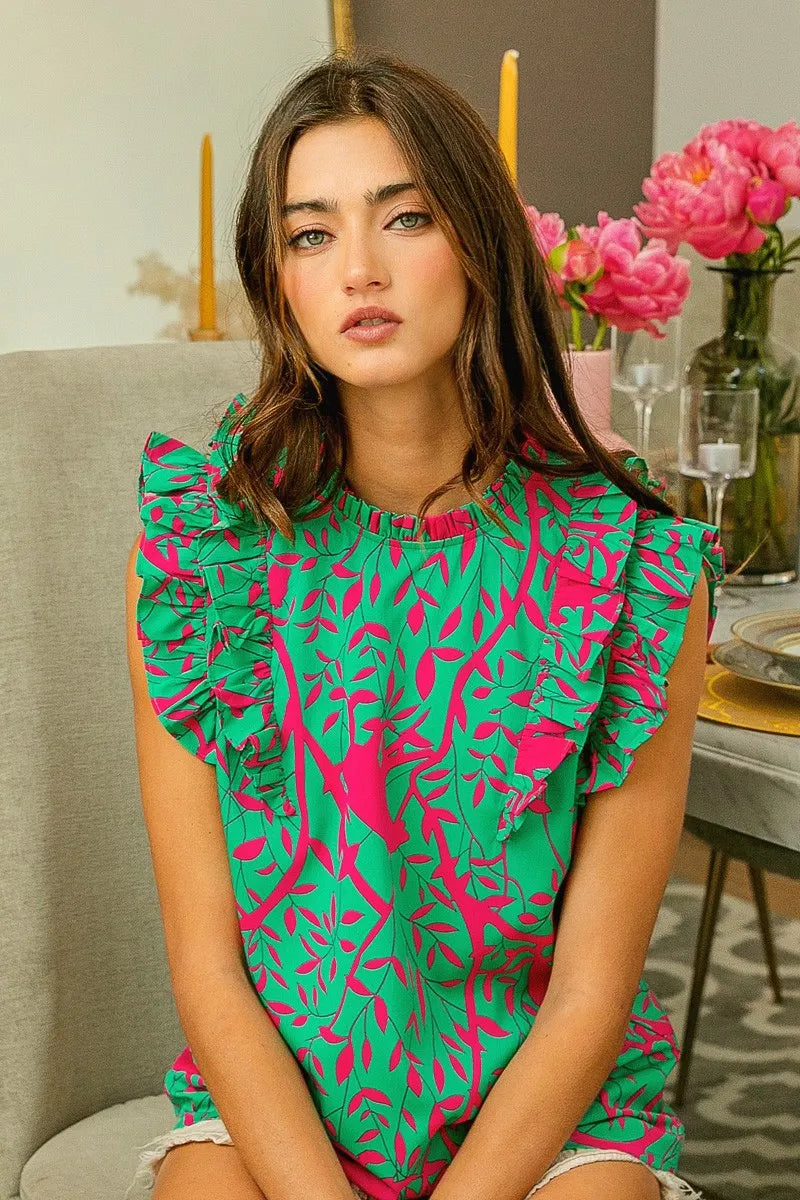 BiBi Leopard Leaves Print Woven Top OutfitFlow