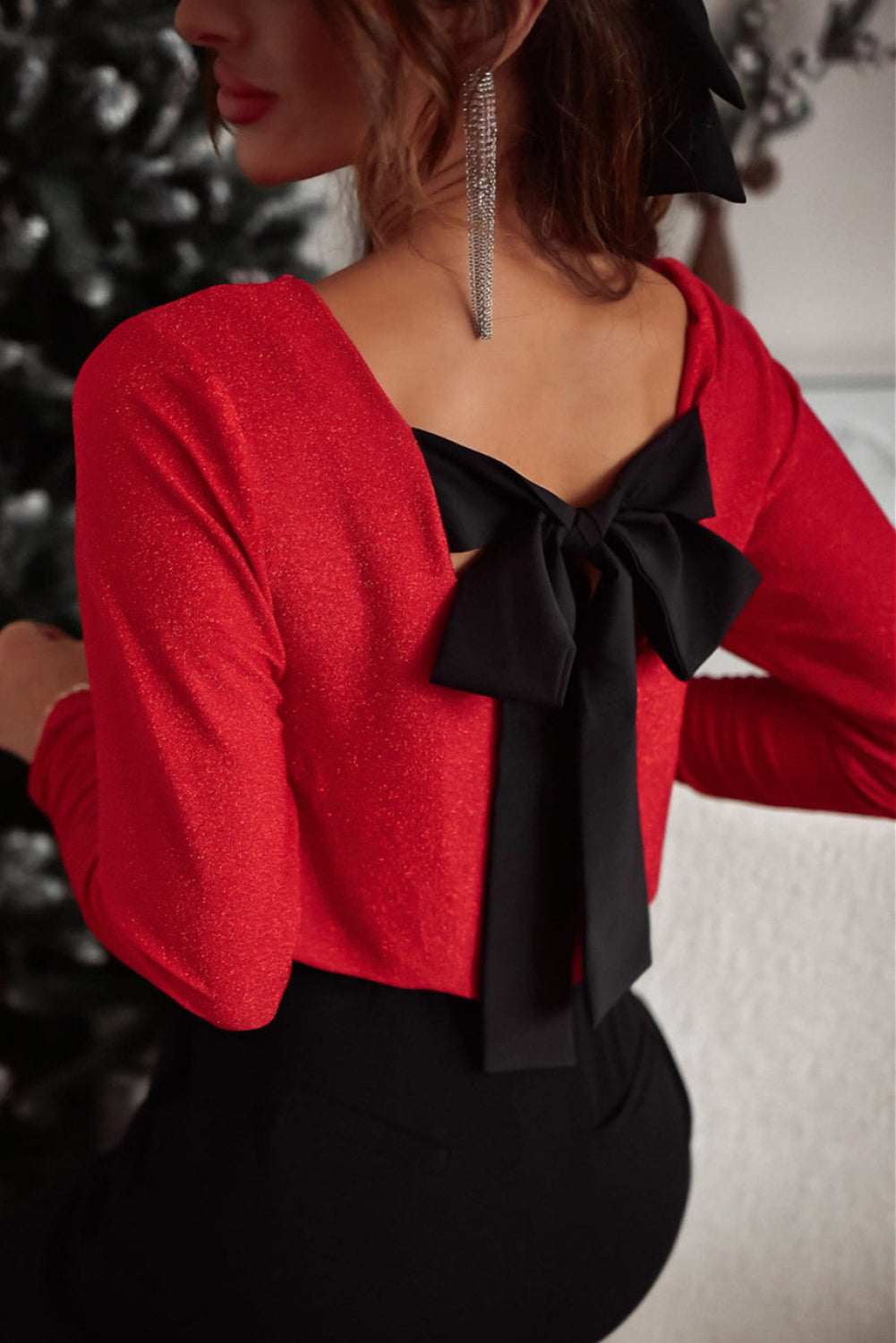 Outfit Flow - Bowknot V-Neck Long Sleeve Blouse