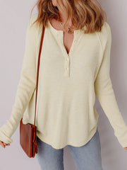 Textured Knit Half Buttons Henley Top OutfitFlow