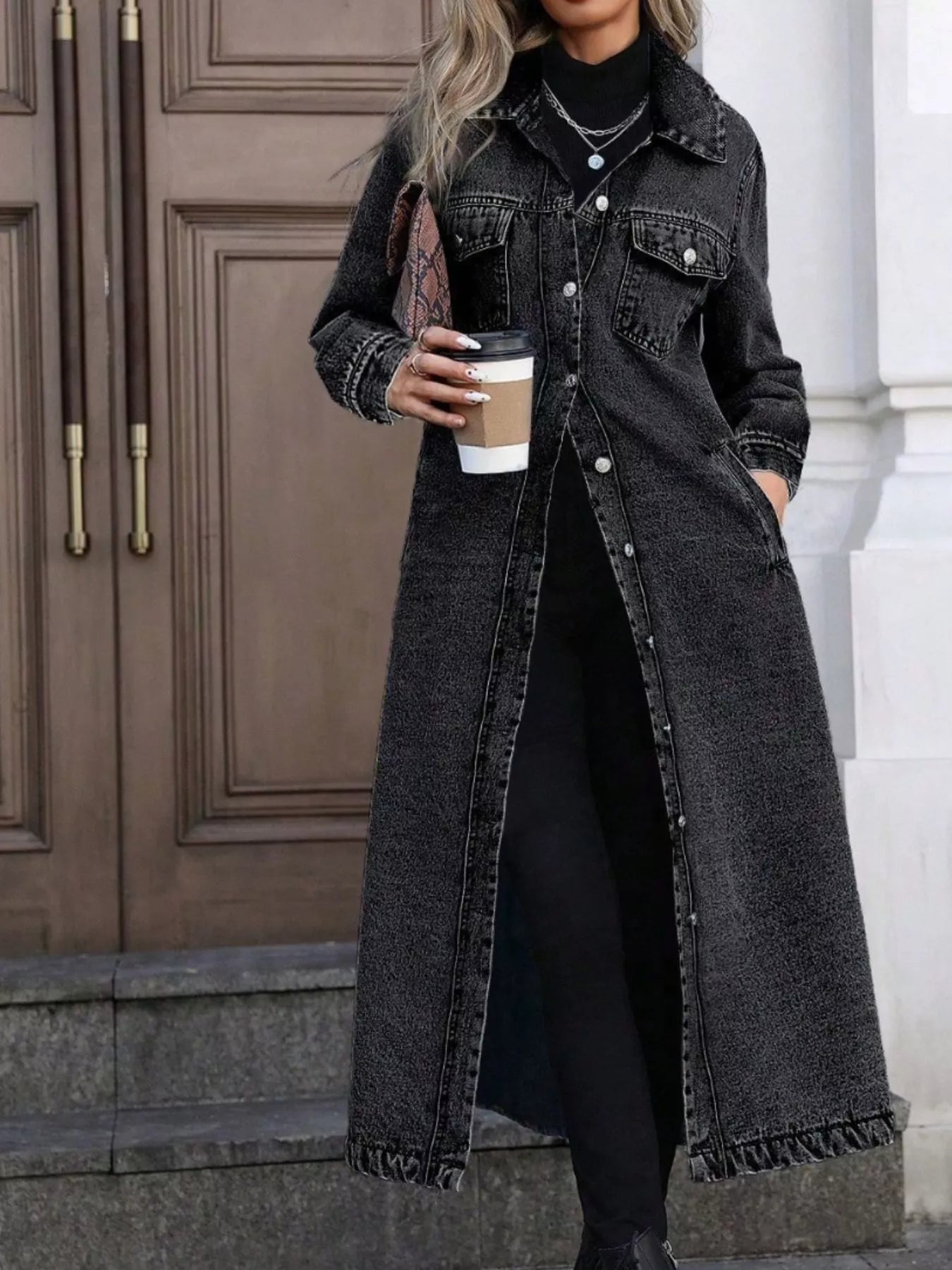 Longline Button-Front Denim Jacket Dark Gray OutfitFlow