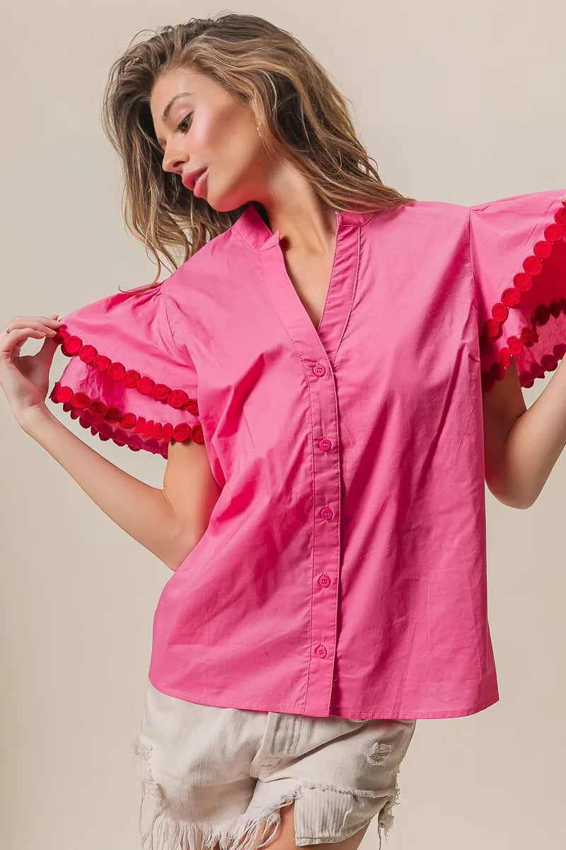BiBi Dot Trim Flutter Sleeve Notched Top OutfitFlow