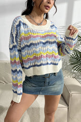 Striped Openwork Dropped Shoulder Sweater OutfitFlow