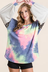 BiBi Tie Dye Terry Top with Contrast Puff Sleeves OutfitFlow