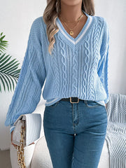 Cable Knit V-Neck Long Sleeve Sweater OutfitFlow