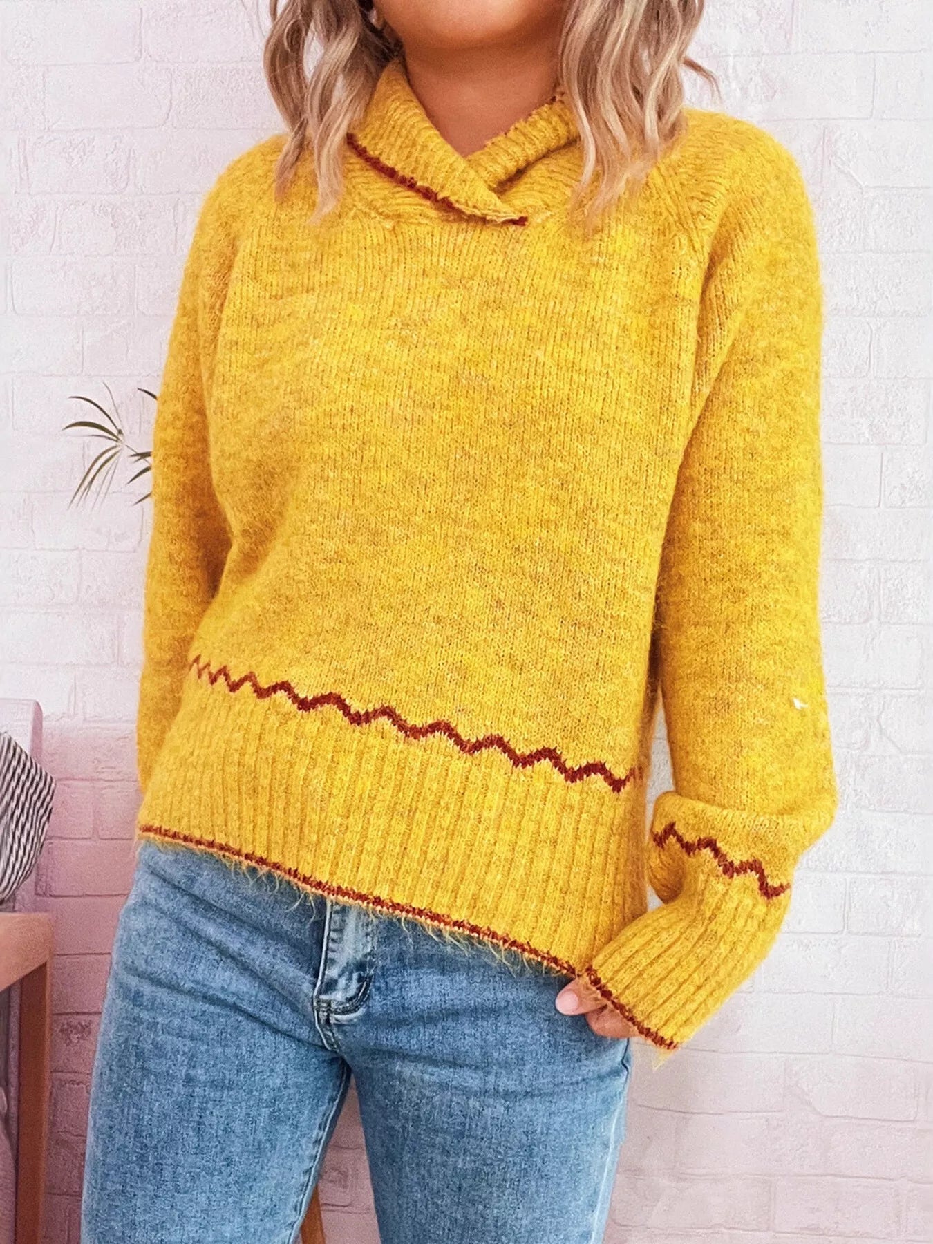 Ribbed Contrast Trim Long Sleeve Sweater OutfitFlow