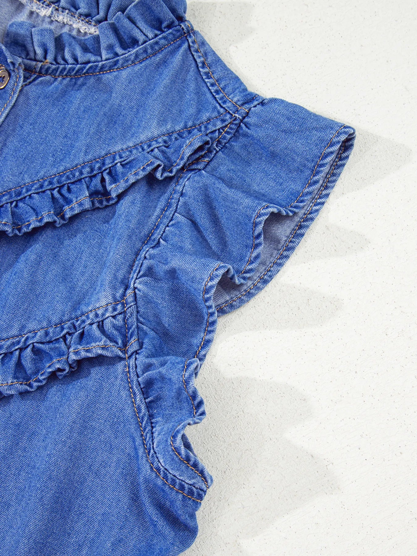 Mineral Wash Cap Sleeve Frilled Button Up Denim Shirt OutfitFlow