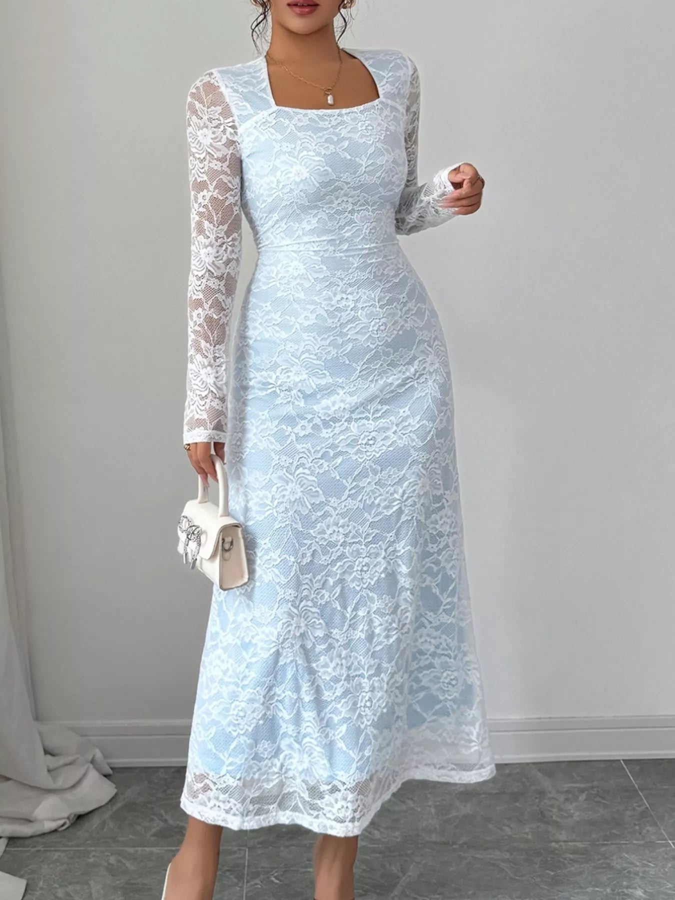 Lace Long Sleeve Square Neck Maxi Dress Pastel Blue Trendsi