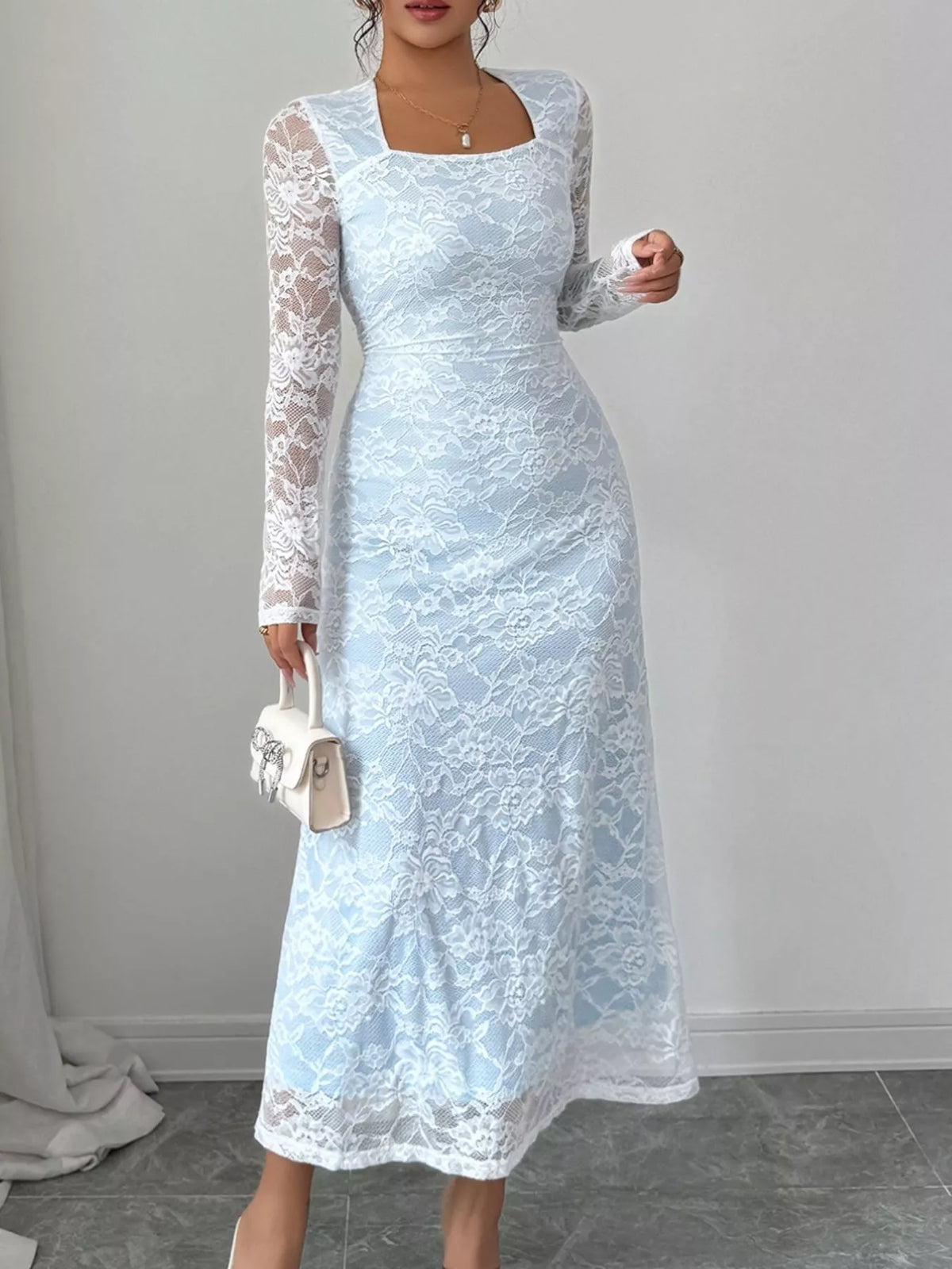 Lace Long Sleeve Square Neck Maxi Dress Pastel Blue Trendsi