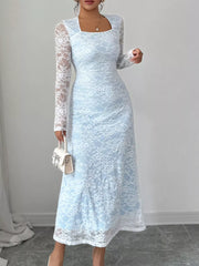 Lace Long Sleeve Square Neck Maxi Dress Pastel Blue Trendsi