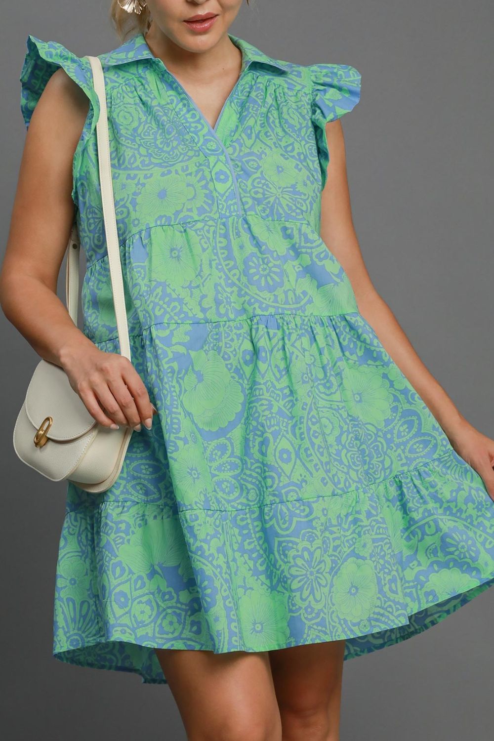 Umgee Full Size Printed Ruffle Cap Sleeve Babydoll Dress Plus Size OutfitFlow