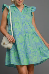 Umgee Full Size Printed Ruffle Cap Sleeve Babydoll Dress Plus Size OutfitFlow