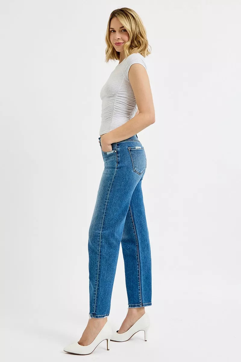 RISEN Tummy Control High Rise Ankle Slim Barrel Jeans OutfitFlow