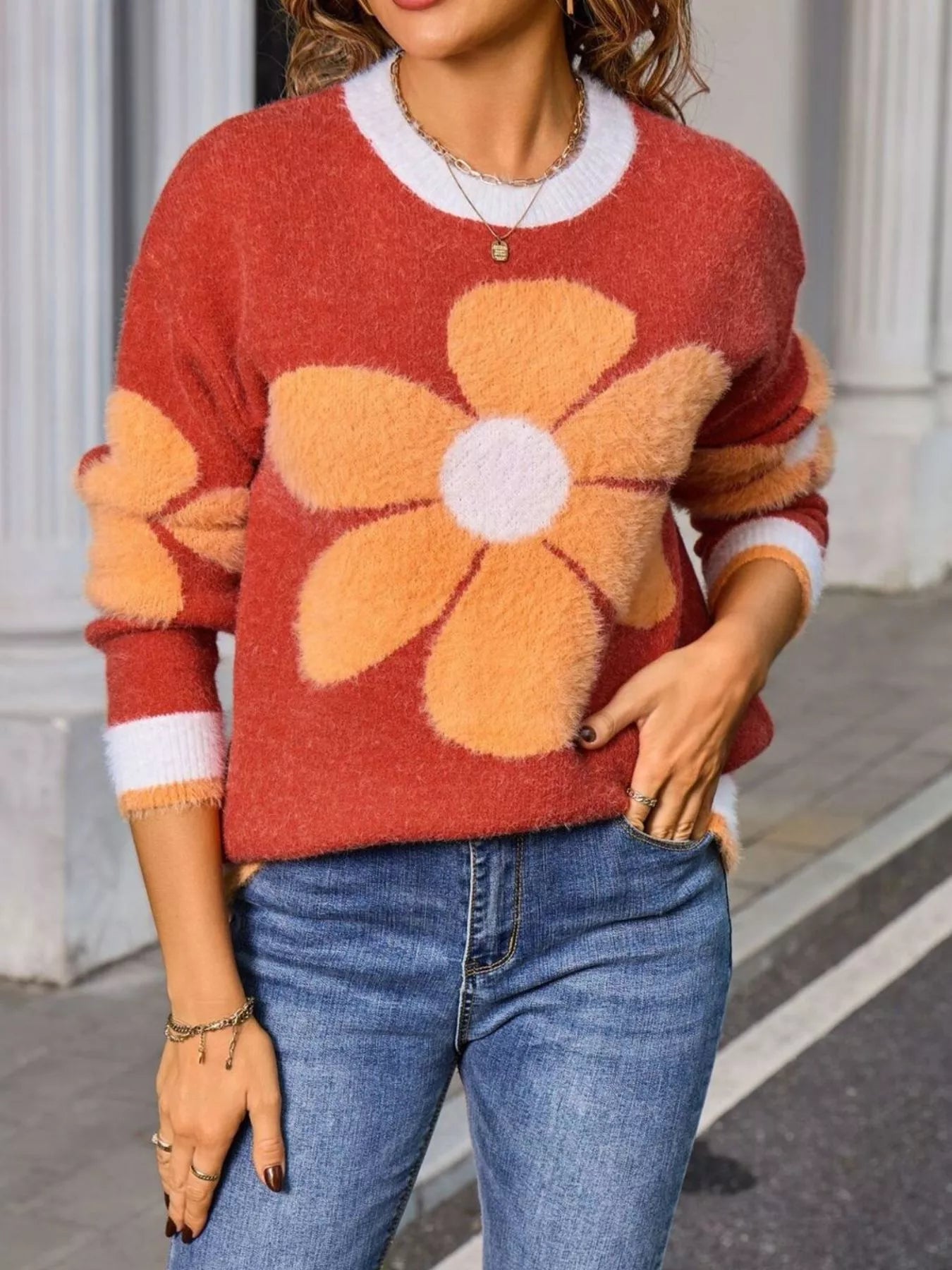 Flower Round Neck Sweater Trendsi