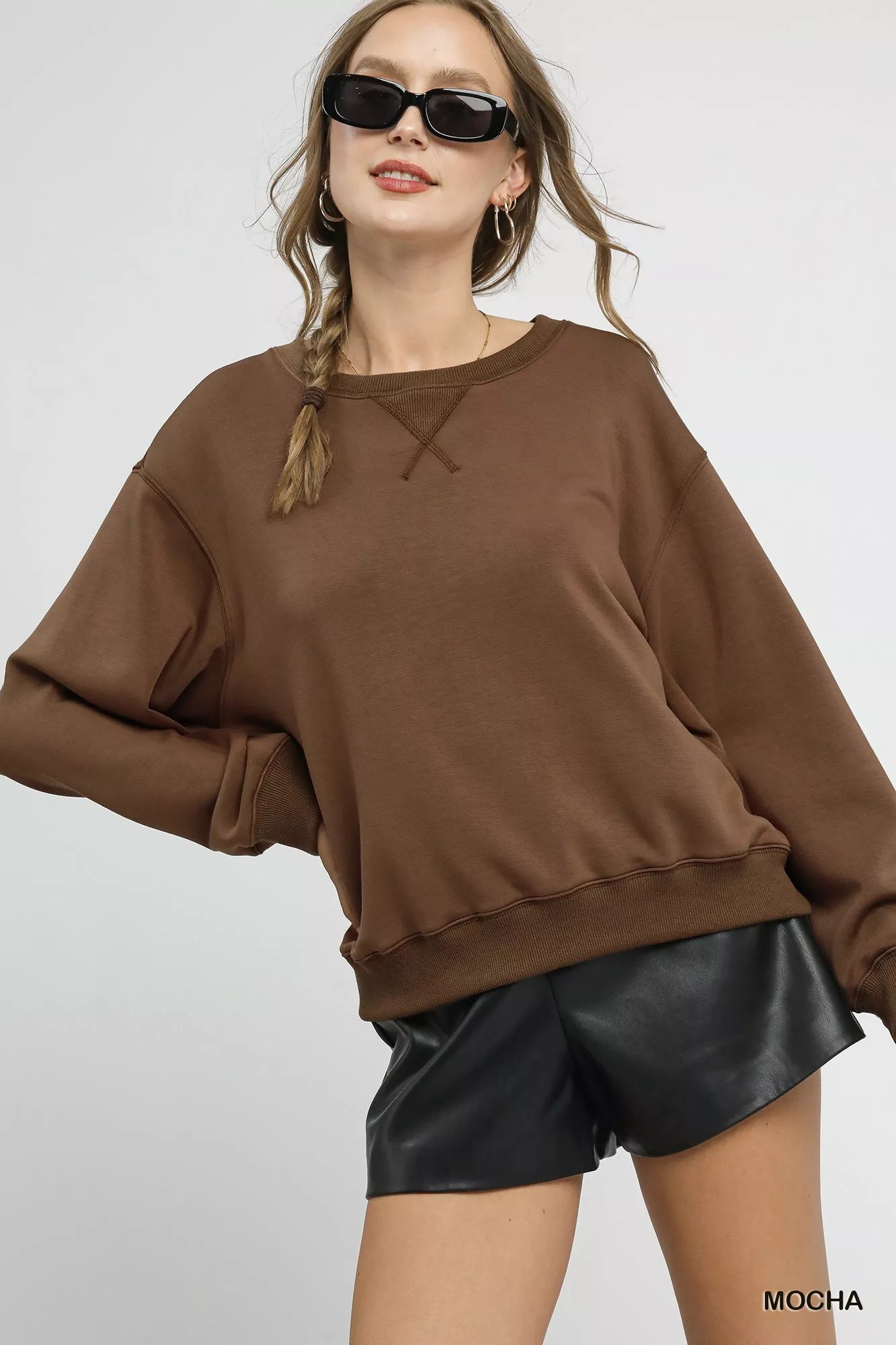 Umgee Round Neck Long Sleeve Fleece Sweatshirt OutfitFlow
