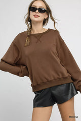 Umgee Round Neck Long Sleeve Fleece Sweatshirt OutfitFlow