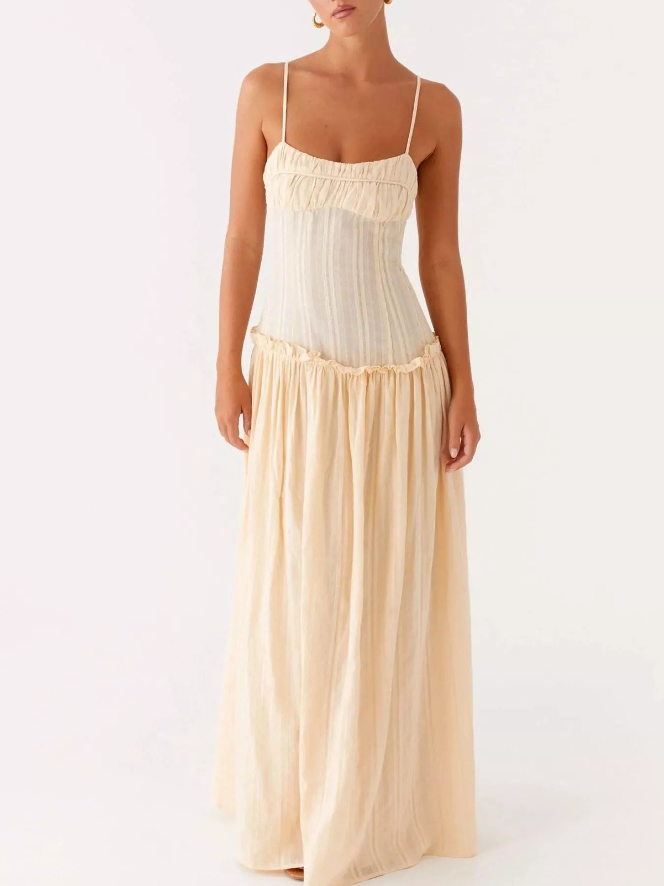 Frill Spaghetti Strap Maxi Dress Yellow OutfitFlow