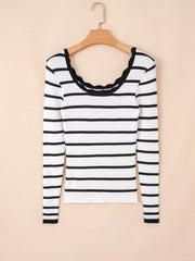 Scalloped Trim U Neck Striped Ribbed Slim Knit Top OutfitFlow