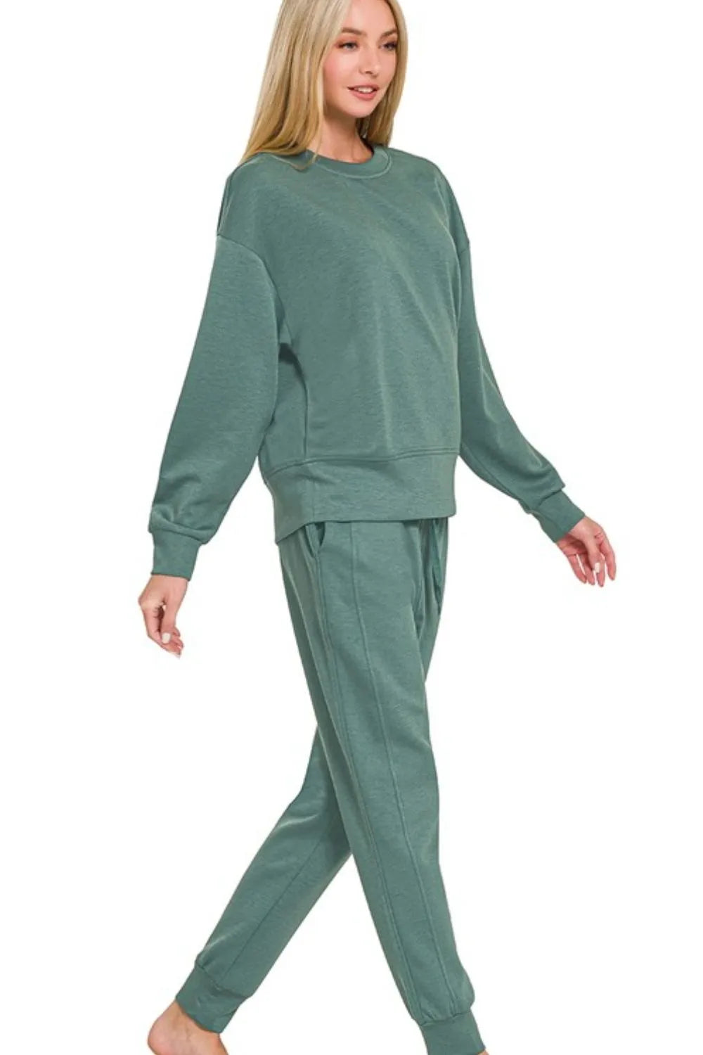 Zenana Scuba Crewneck Pullover & Joggers 2 Pieces Set OutfitFlow
