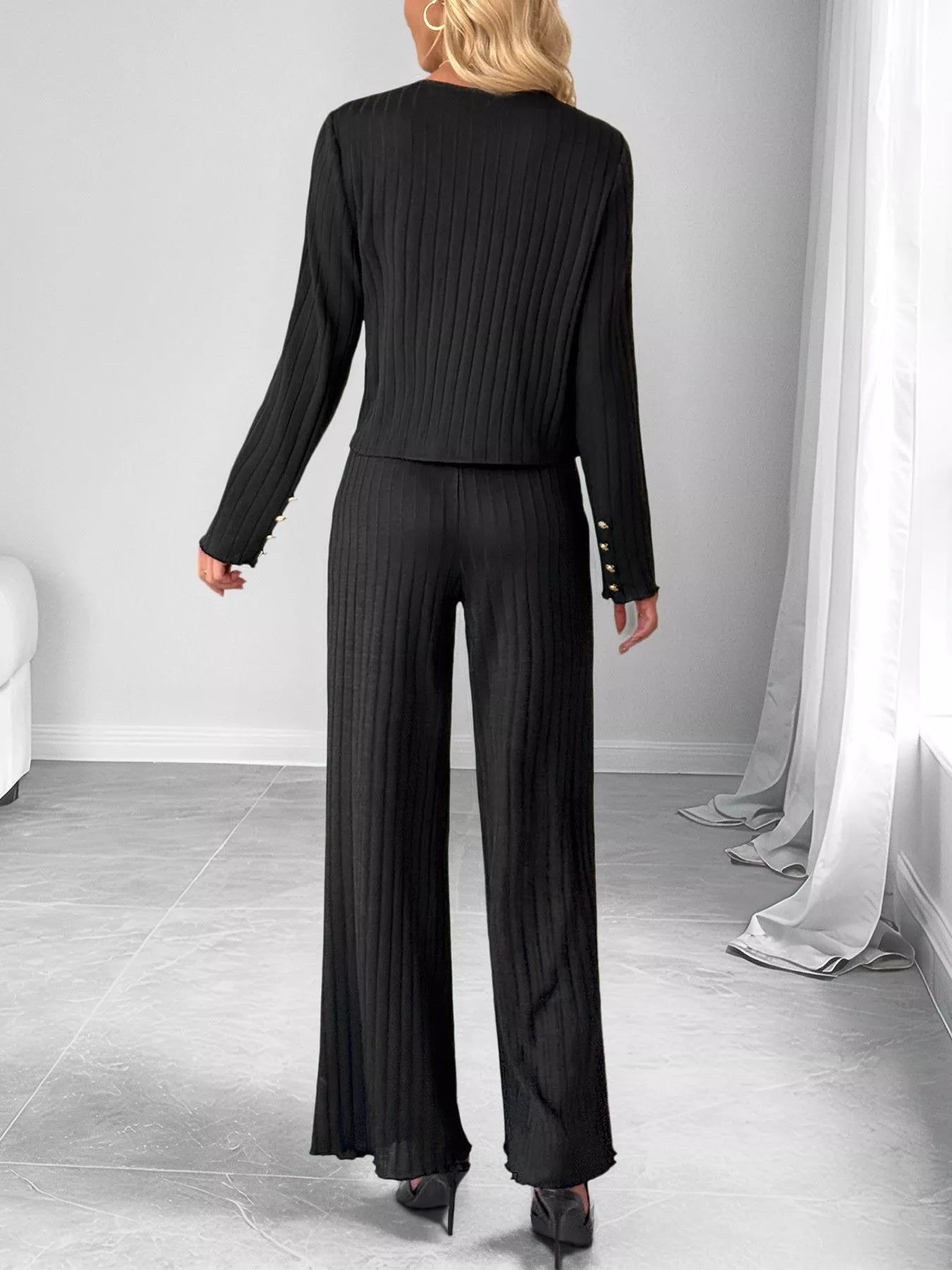 Ribbed Knit Cardigan & Wide Leg Pants Set OutfitFlow