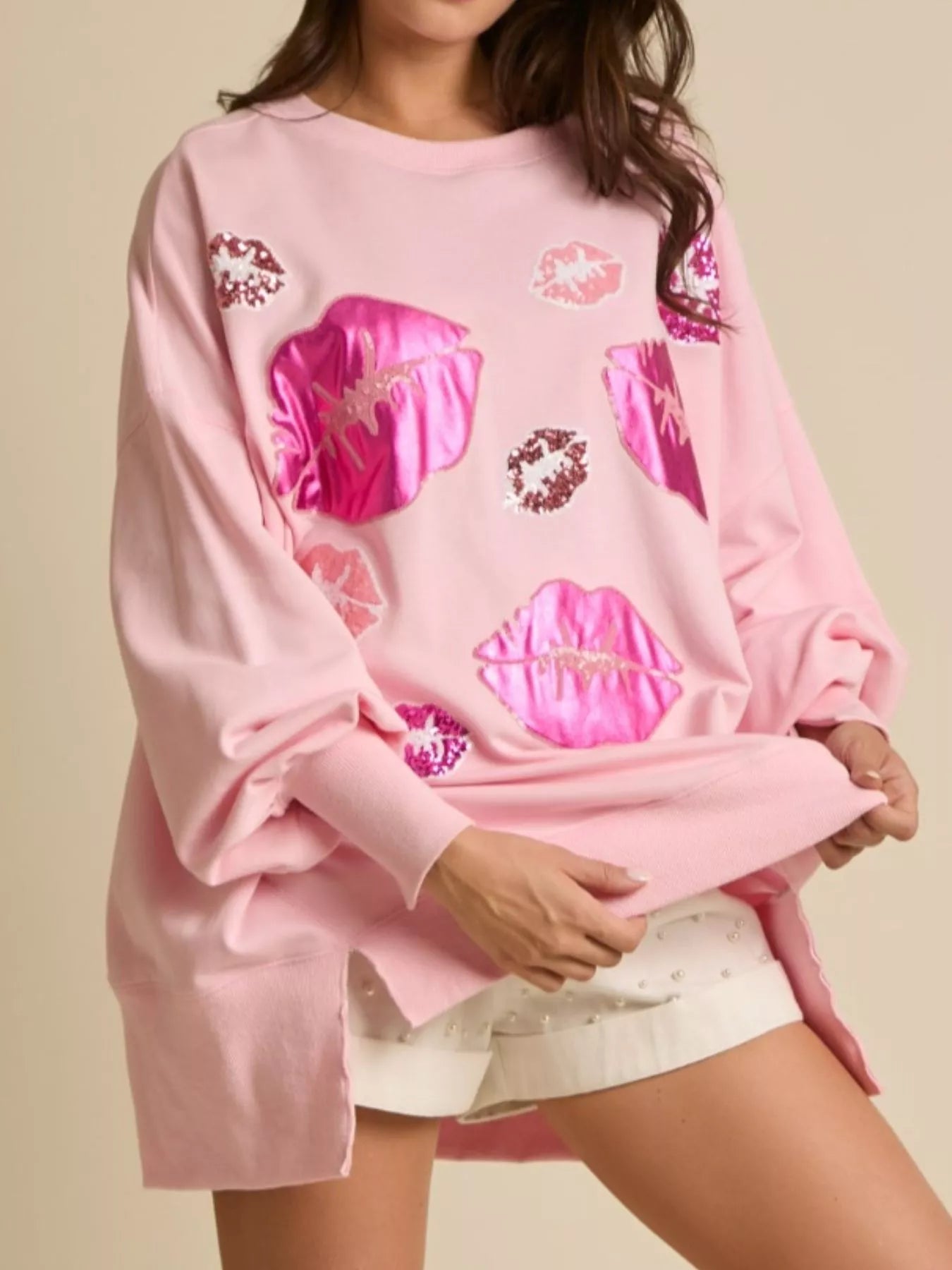 Lips Round Neck Dropped Shoulder Sweatshirt OutfitFlow