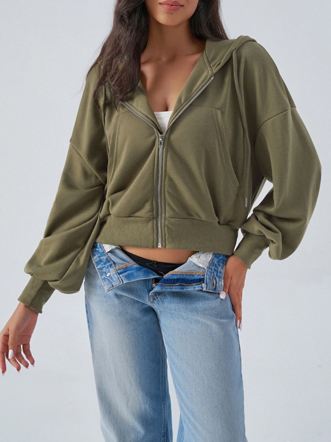 Outfit Flow - Devine Drawstring Zip Up Long Sleeve Hoodie