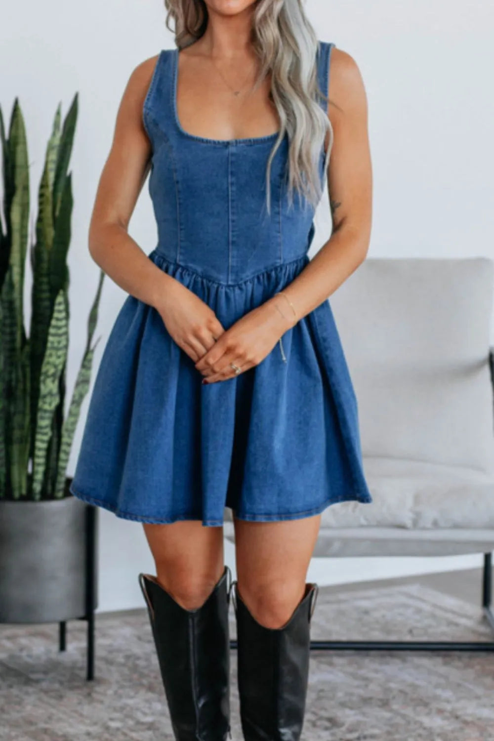 V-Back Bow Tie Denim Skater Dress OutfitFlow
