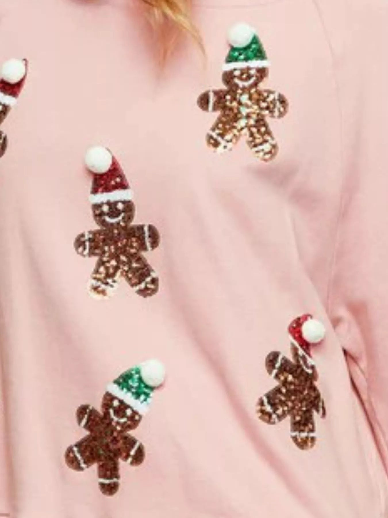 Christmas Sequin Gingerbread Round Neck Sweatshirt OutfitFlow
