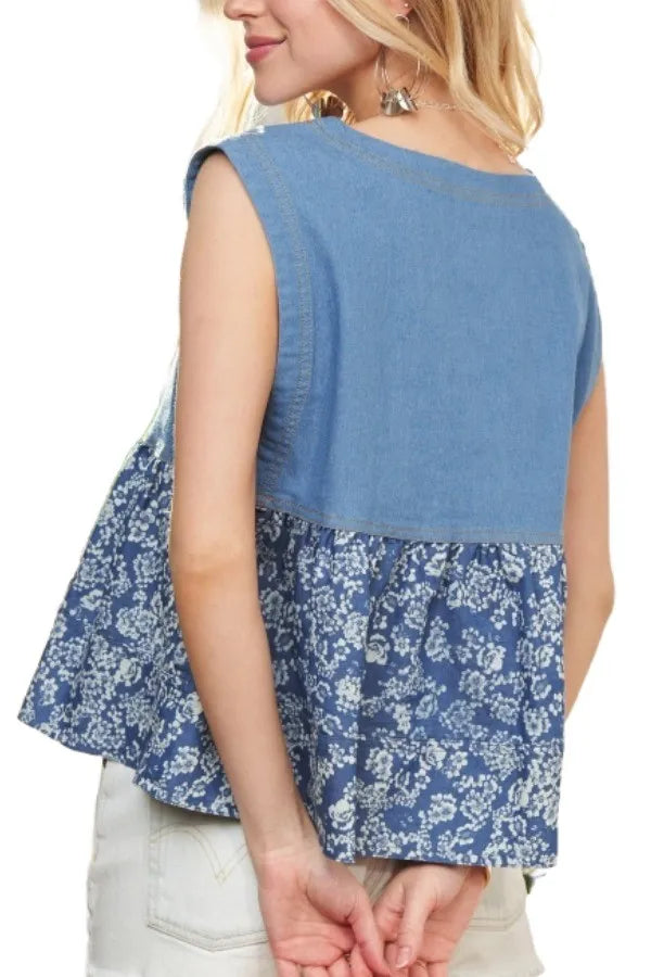 ADORA Sleeveless Denim Contrast Top OutfitFlow