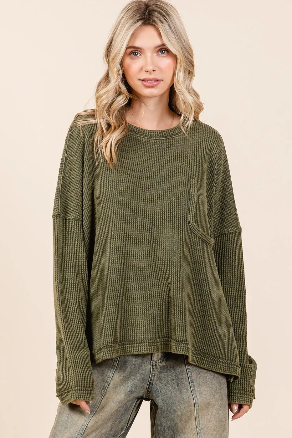 Mittoshop Mineral Wash Cutout Pocket Long Sleeve Waffle Top OutfitFlow