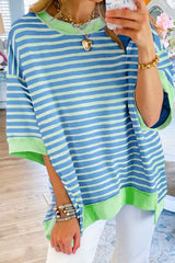 Stripe Oversized Contrast Trim Exposed Seam High Low T Shirt OutfitFlow