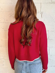 Contrast Trim Bow Accent Holiday Cropped Sweater OutfitFlow