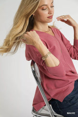 Umgee V-Neck High Low Hem Knit Top with Side Slit OutfitFlow