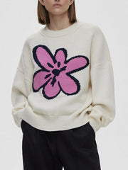 Flower Ribbed Hem Round Neck Sweater OutfitFlow
