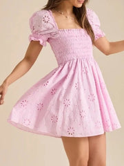 Eyelet Puff Sleeve Smocked Mini Dress OutfitFlow