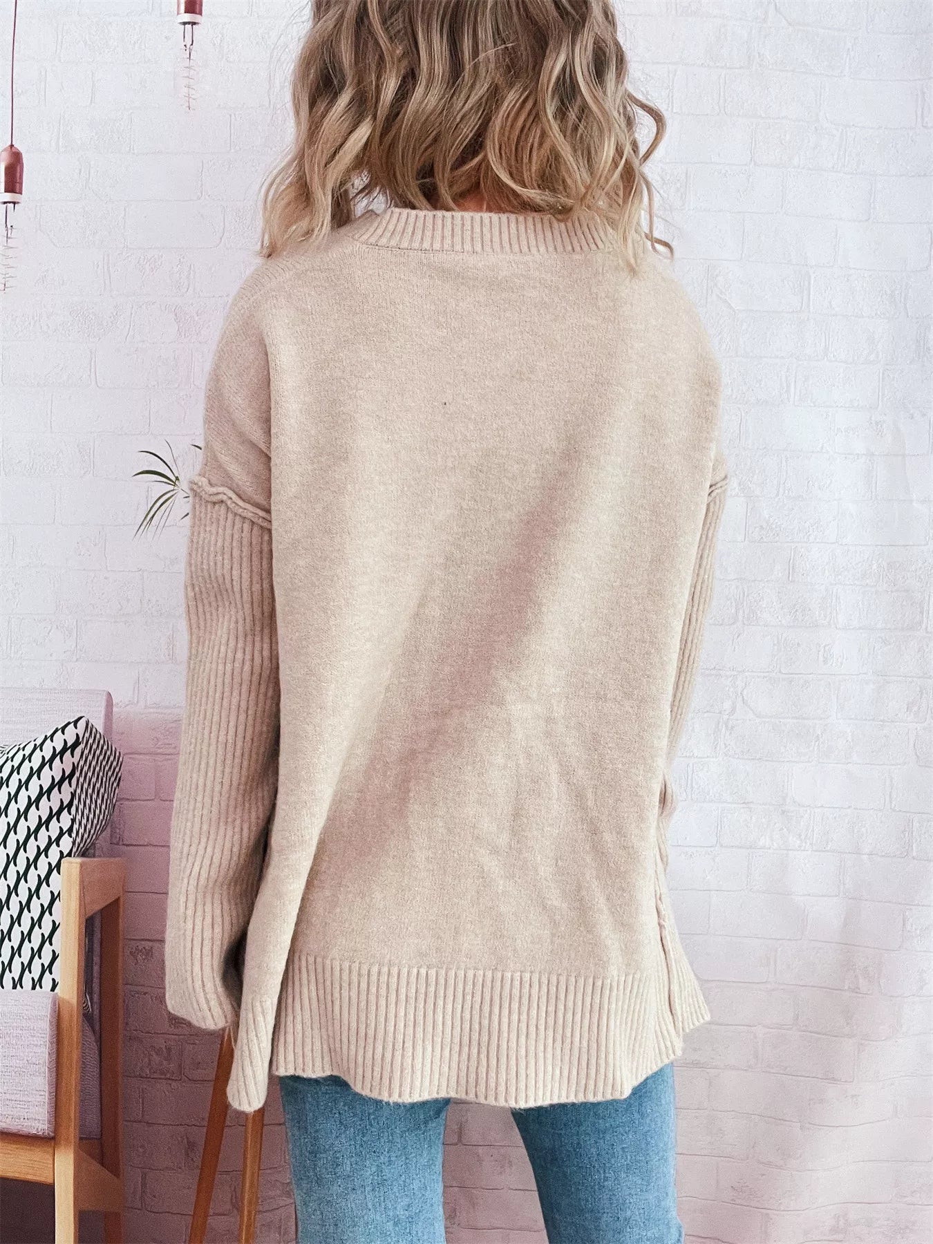 V-Neck Dropped Shoulder Sweater OutfitFlow