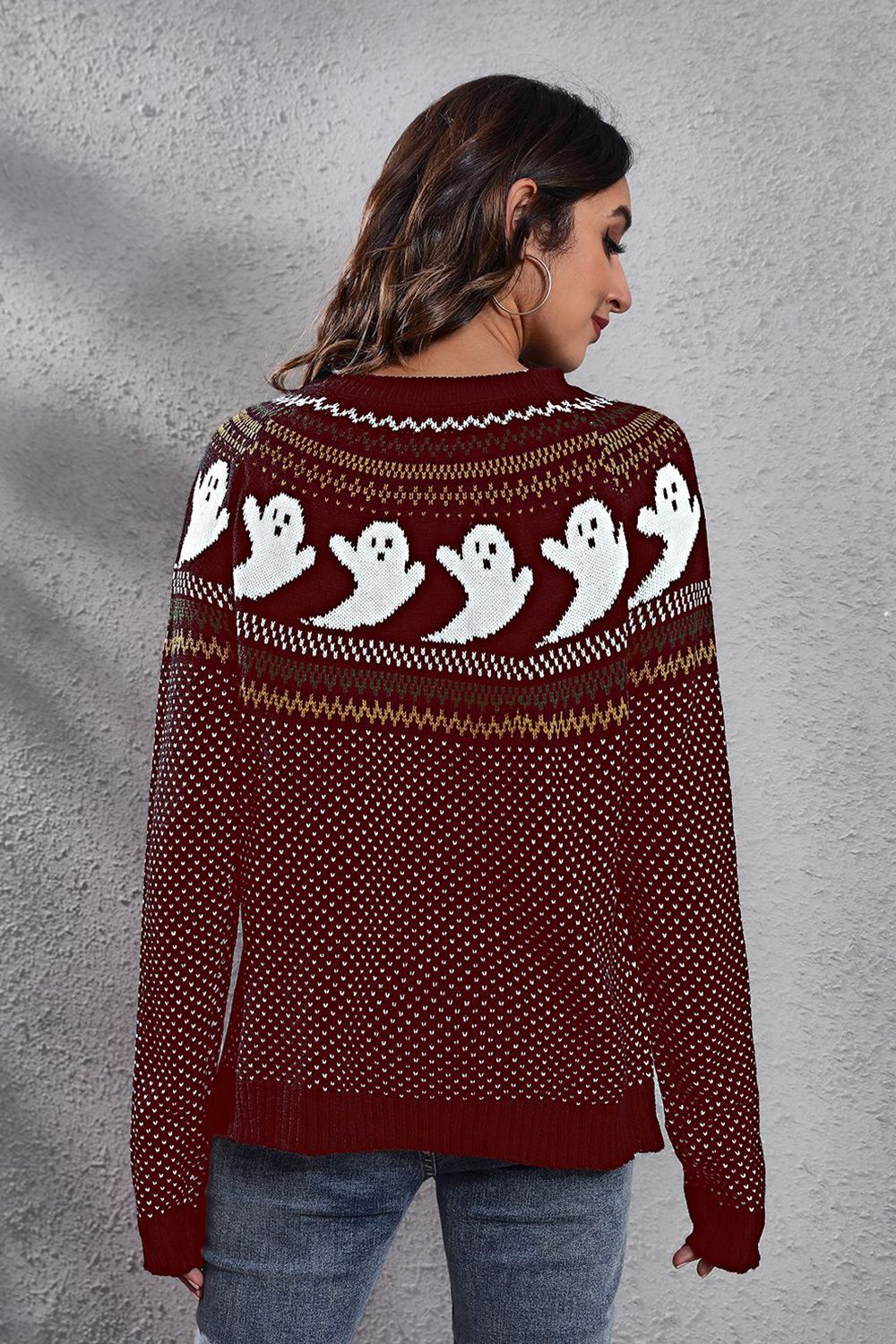 Ghost Pattern Round Neck Long Sleeve Sweater OutfitFlow