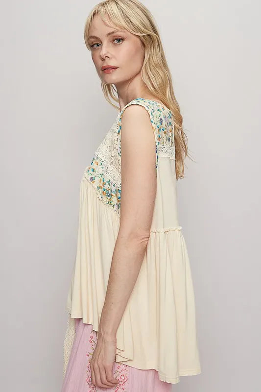 POL Lace Detail Frill Floral V-Neck Sleeveless Top OutfitFlow