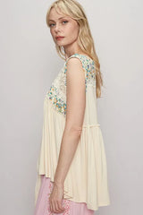POL Lace Detail Frill Floral V-Neck Sleeveless Top OutfitFlow