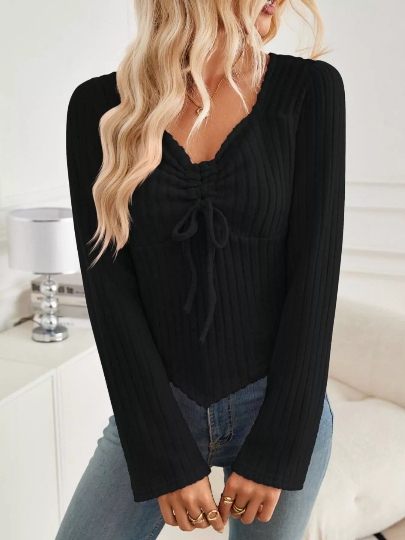 Ribbed Knit Drawstring Long Sleeve T-Shirt Trendsi