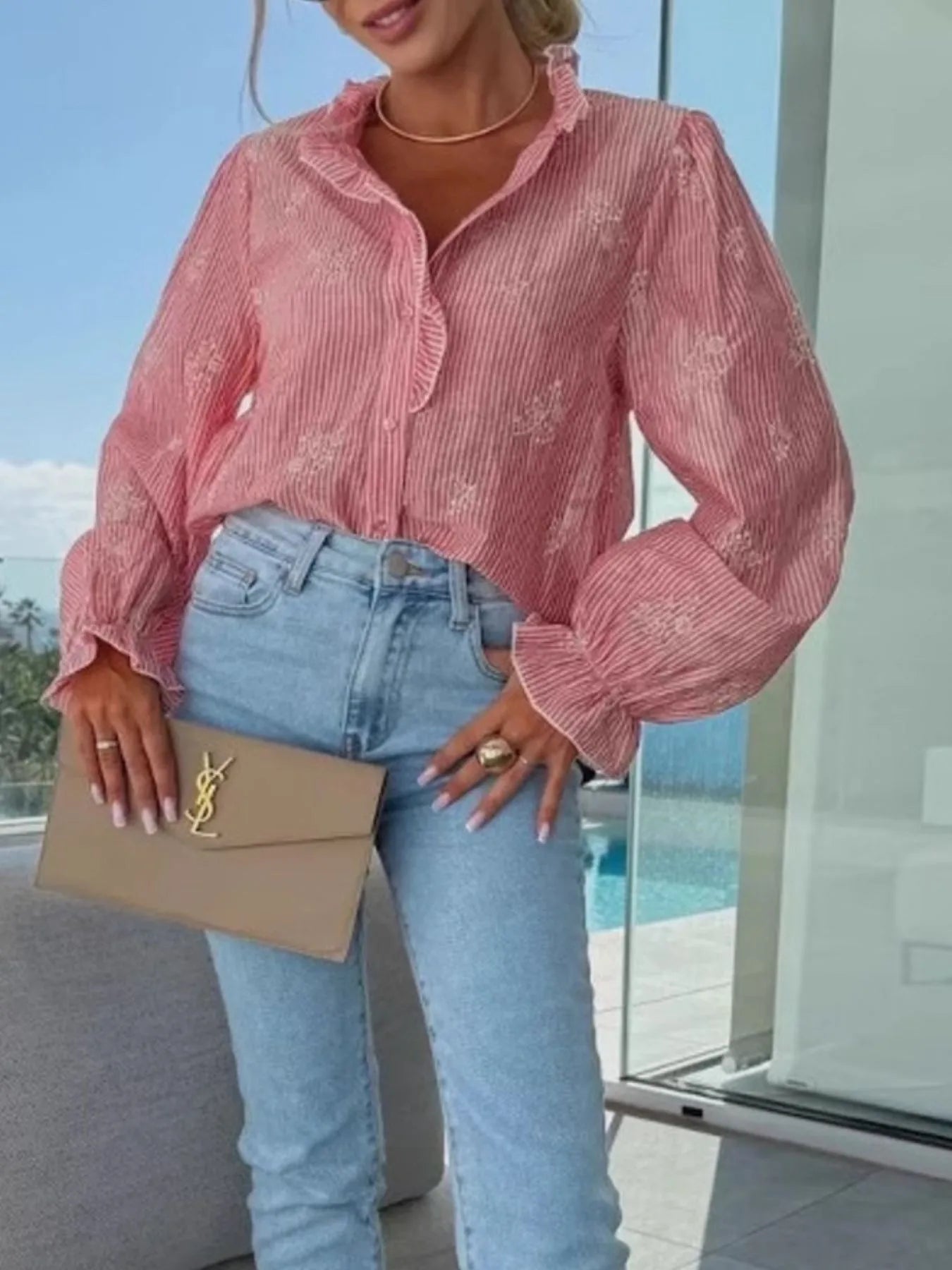 Button Up Flounce Sleeve Shirt OutfitFlow