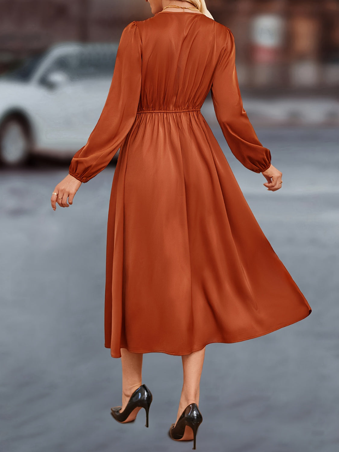 V-Neck Balloon Sleeve Midi Dress OutfitFlow