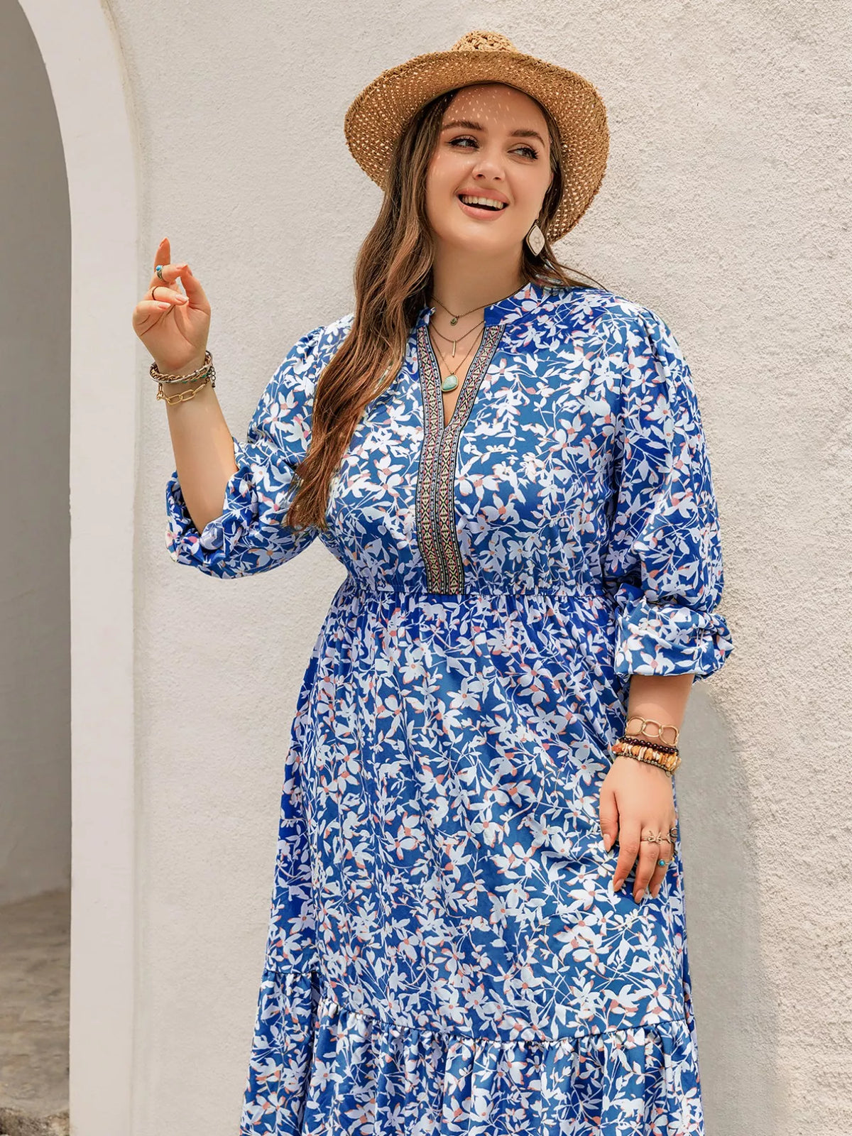 Plus Size Floral Print Bohemian Maxi Dress Blue OutfitFlow