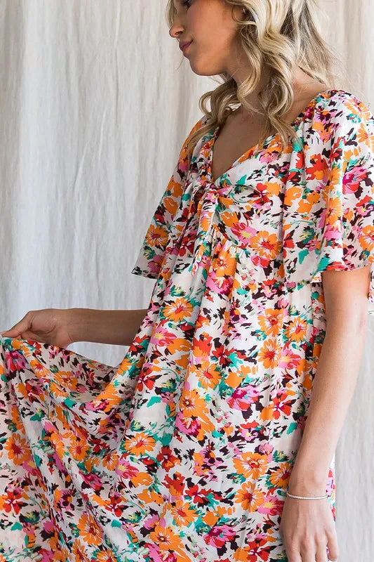 Lime 'N' Chili Floral Print Sweetheart Neck Tie Front Midi Dress OutfitFlow