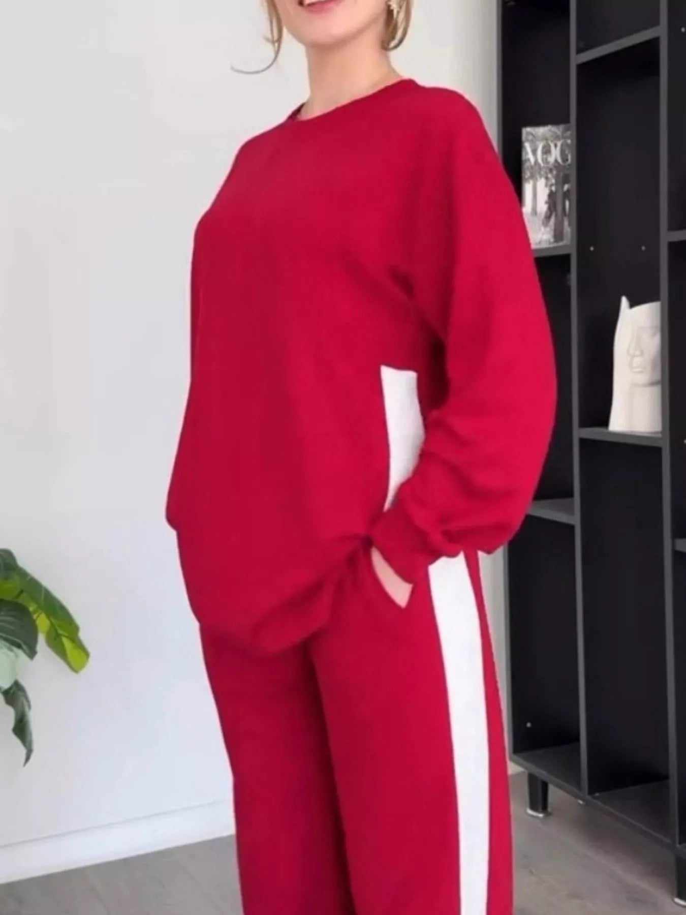 Full Size Contrast Round Neck Top and Pants Set Plus Size OutfitFlow