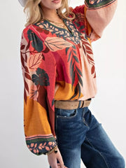 Tropical Print Balloon Sleeve Blouse OutfitFlow