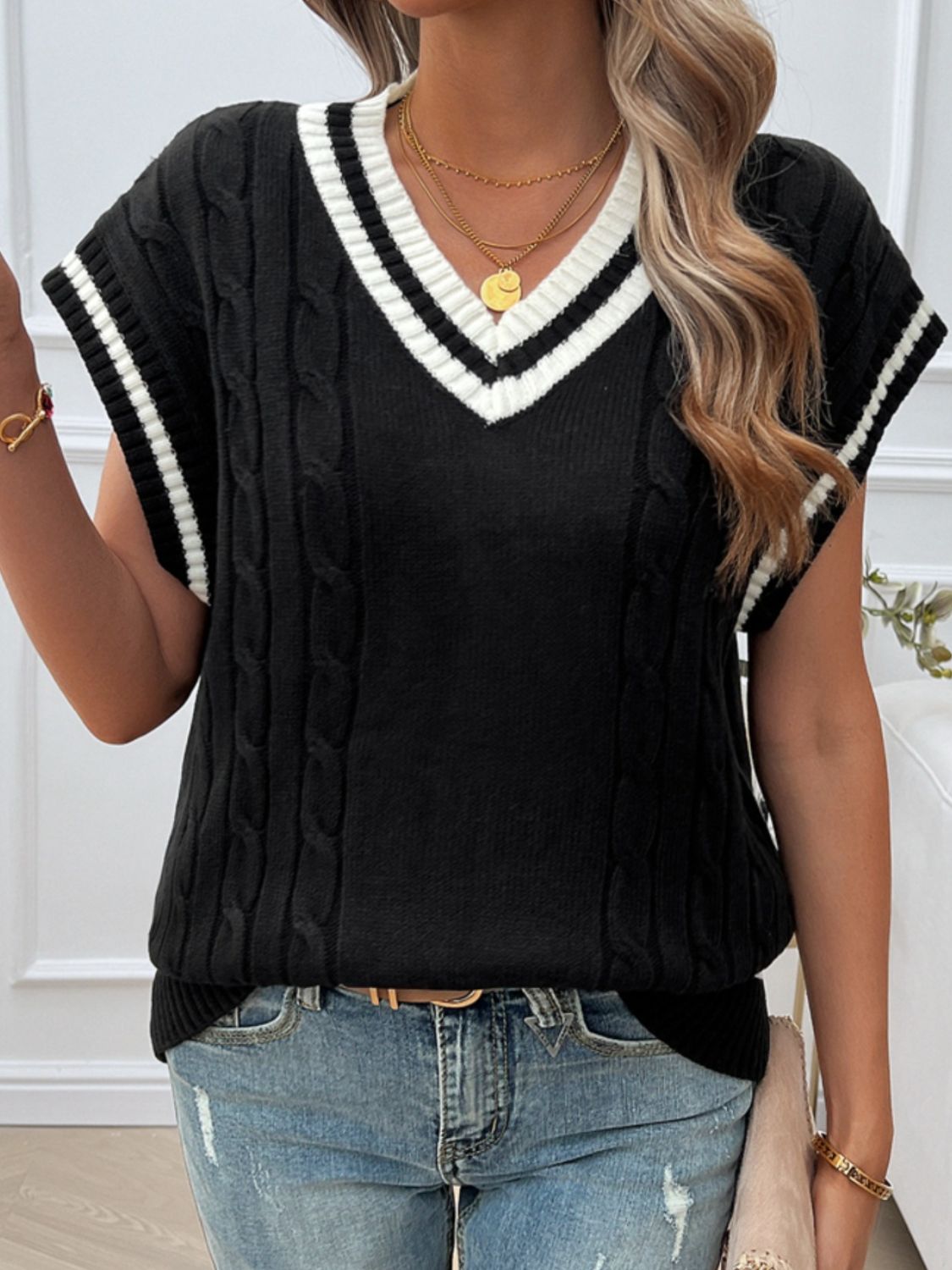 Devine Cable-Knit V-Neck Sweater Vest