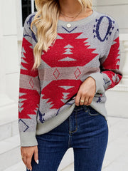 Geometric Round Neck Long Sleeve Sweater Gray OutfitFlow
