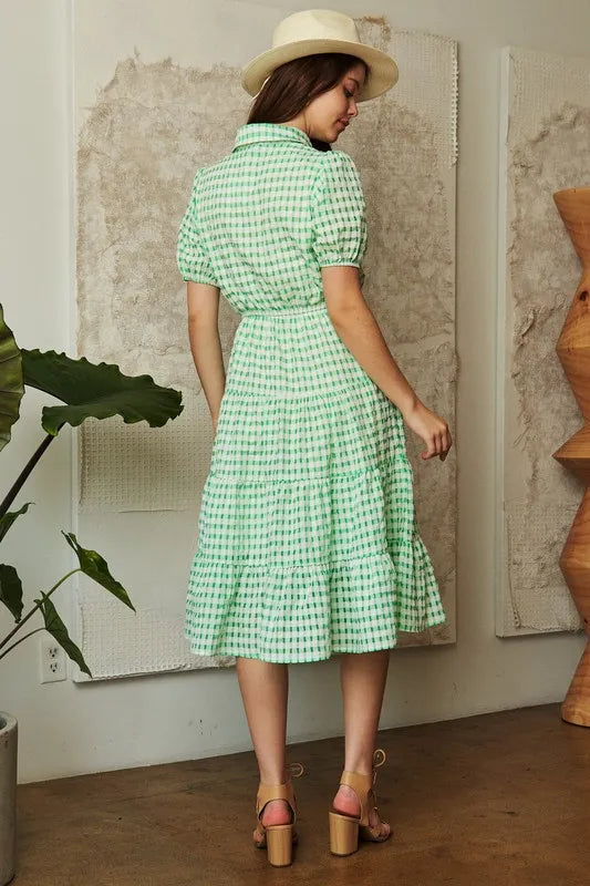Davi & Dani Checkered Puff Sleeve Tiered Shirt Dress OutfitFlow