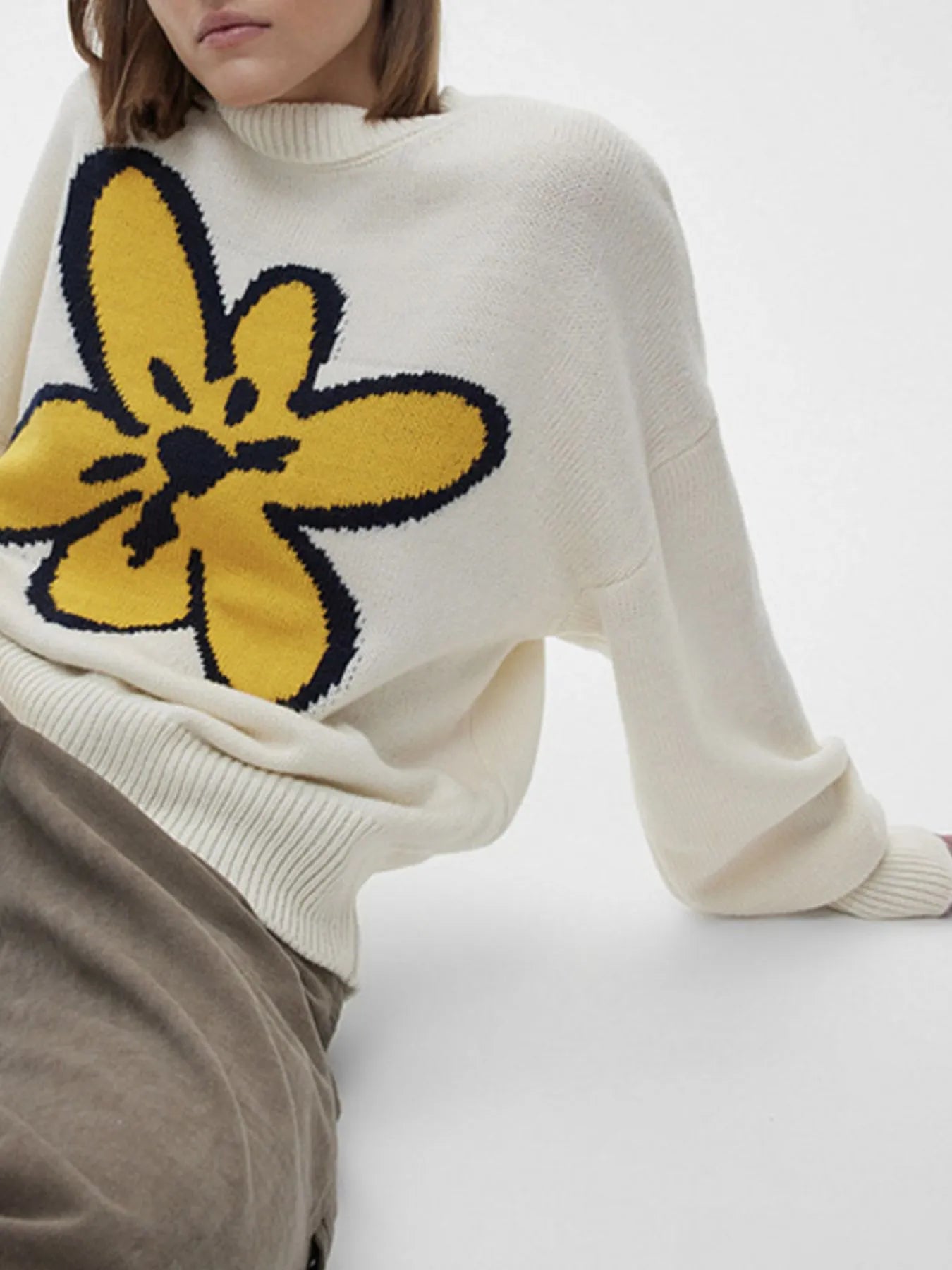 Flower Ribbed Hem Round Neck Sweater OutfitFlow