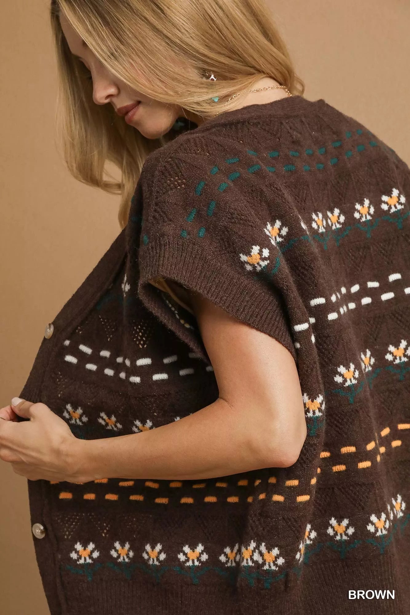 Umgee Button-Down Knit Vest with Floral Pattern OutfitFlow